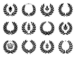 Obraz premium Collection of Twelve Black and White Laurel Wreaths Vector Icons Set