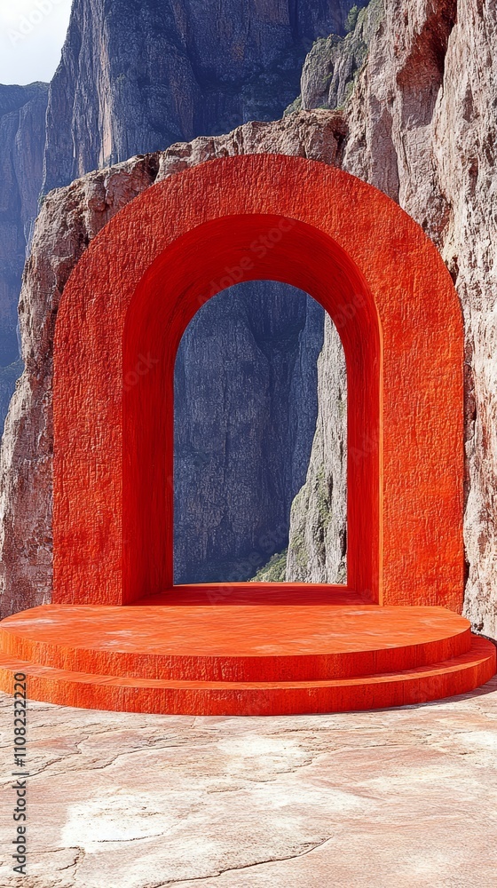 Poster a red archway with a platform in front of it, set against a backdrop of towering cliffs.