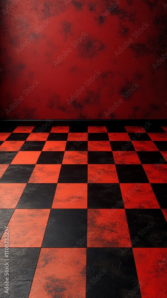 Poster a red and black checkered floor in an empty room with a textured red wall.