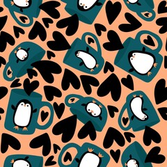 Fototapeta premium Christmas animals seamless penguin and cups pattern for wrapping paper