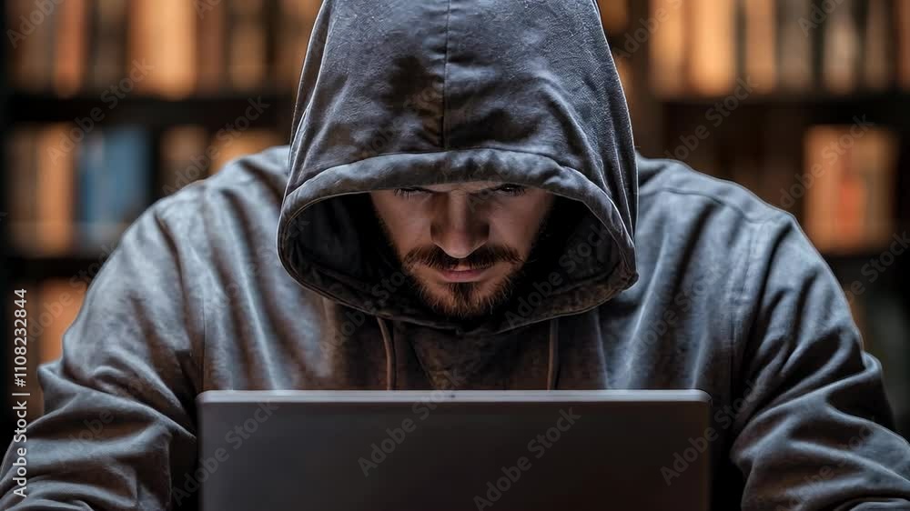 Poster man in a hoodie is sitting at a desk with a laptop in front of him. hyperrealistic video