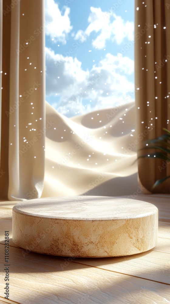 Poster a round marble podium sits in front of a window with curtains and a desert landscape view.