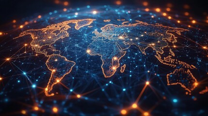 Global network connecting world countries via digital tech. International conference global digital influence on GDP. World map highlights interconnectedness. Tech revolution boosts economy