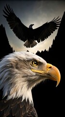 Obraz premium Majestic Eagle Showcasing Detailed Features Against a Dramatic Mountain Backdrop at Sunset. Generative AI