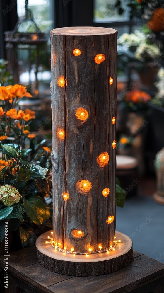 Poster a rustic wooden log with warm fairy lights embedded in the bark, creating a cozy and enchanting ambi
