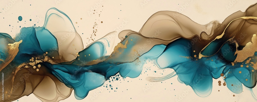 Poster abstract artwork. flowing shapes of brown teal and gold inks. decorative patterns. mix of colors in 