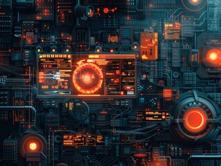 Obraz premium Futuristic digital interface with glowing elements and complex circuitry.