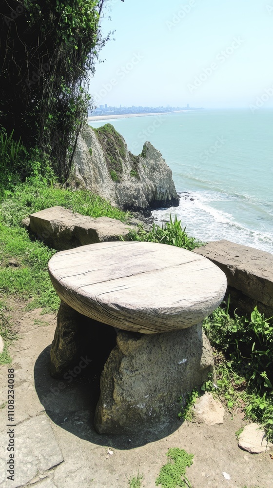Poster a rustic wooden table on stone supports with a view of the ocean and a cliff.