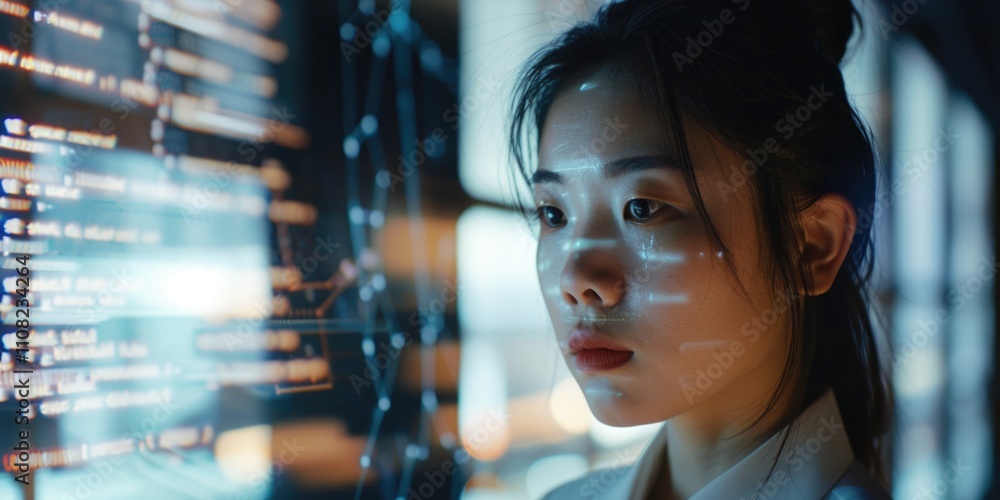 Poster woman is looking at a computer screen with a lot of code on it