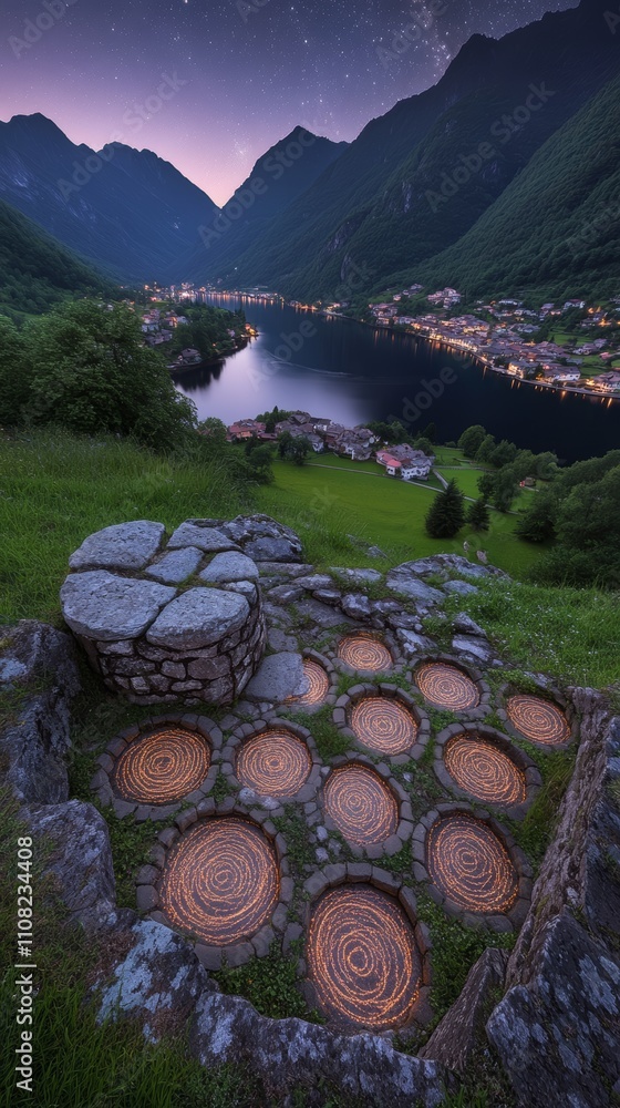 Poster a scenic view of a mountain lake at dusk, with a stone structure and a circular pattern of water rip