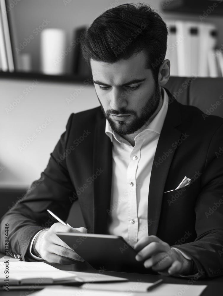 Poster man in a suit is sitting at a desk with a tablet in front of him