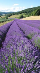 Obraz premium A scenic view of a lavender field with rows of purple flowers stretching towards the horizon, with a grassy field and blue sky in the background.