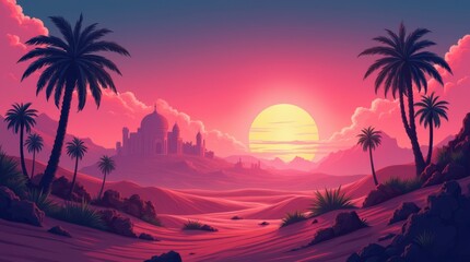 Obraz premium Futuristic Desert Landscape With Neon Sunset and Ancient Ruins Beneath Palm Trees. Generative AI