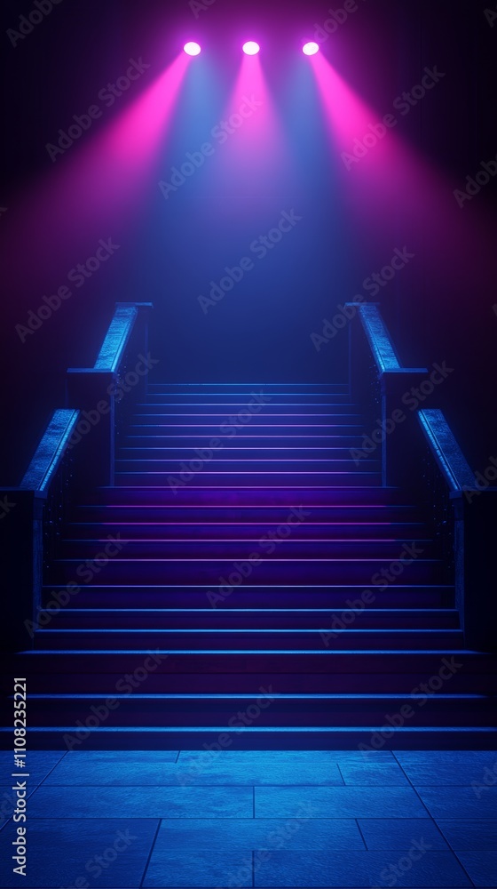 Poster a set of stairs illuminated by three pink spotlights in a dark room, creating a mysterious and atmos
