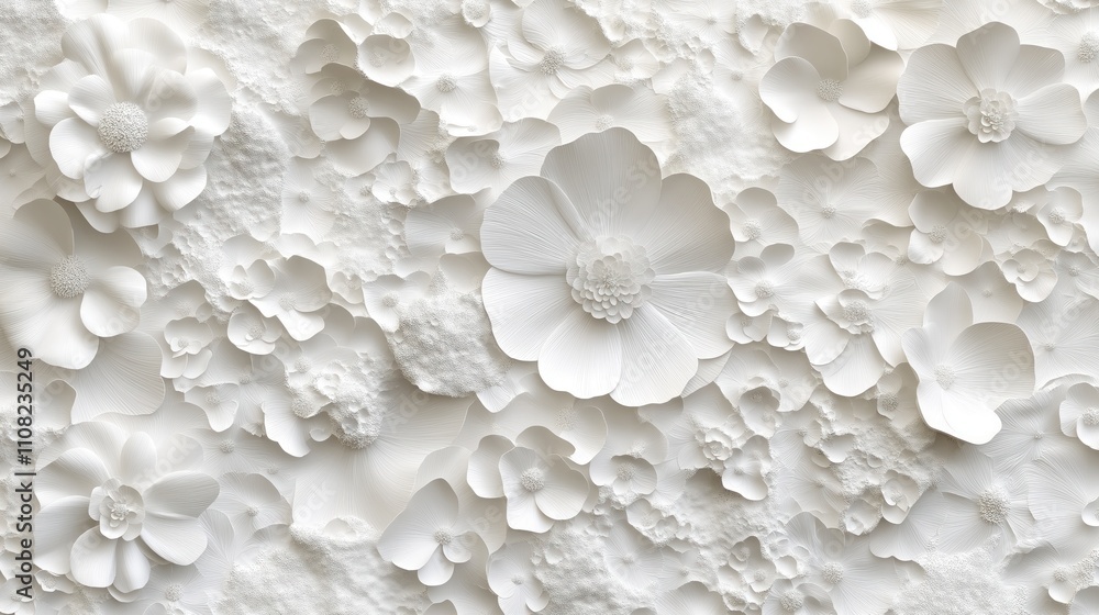 Poster floral textured wallpaper design shows intricate white flowers. abstract floral pattern creates visu