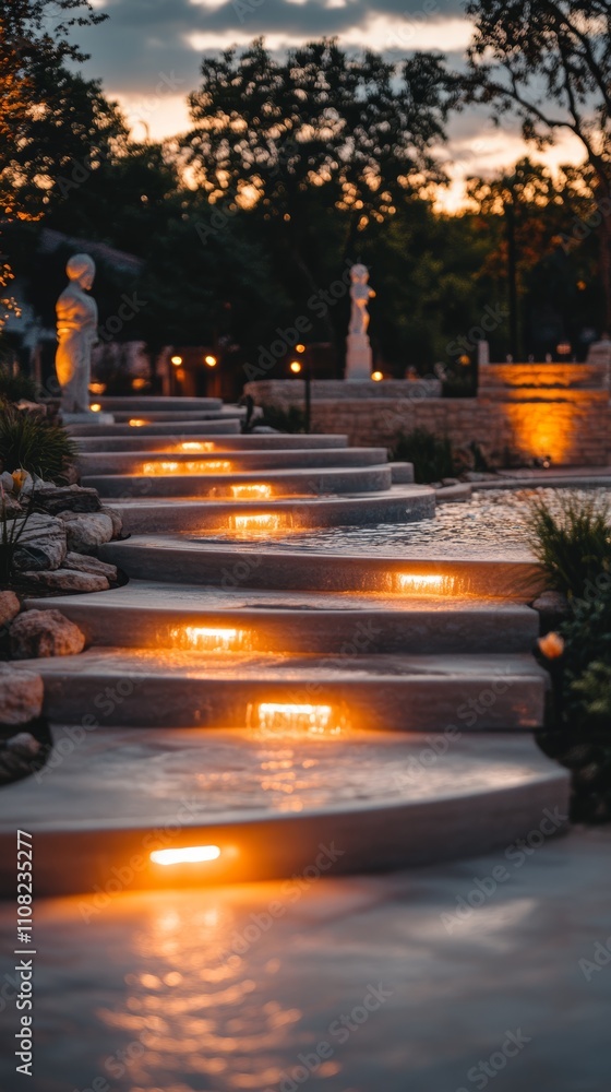 Poster a set of stone steps leading up to a garden with statues in the background. the steps are illuminate