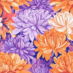 Vibrant floral pattern featuring chrysanthemums in shades of purple and orange on a contrasting blue background
