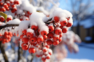Bunches of red rowan, covered with the first snow, against the blue sky,  