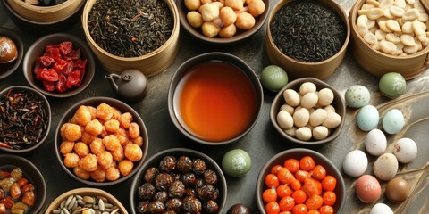 Variety of nuts and seeds are displayed in bowls on a table