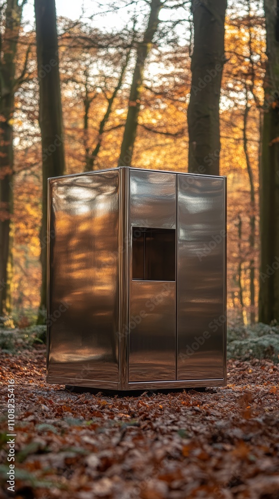 Poster a shiny metallic cube with a small window sits in a forest with fallen leaves, reflecting the surrou