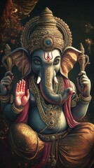 Ornate Ganesh statue. God Ganesh. Religious art. Hindu deity. Detailed artwork. Exquisite design. Traditional attire. Ornate jewelry. Spiritual symbol. Beautiful image. Powerful aura. Spiritual icon.