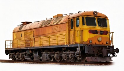 Fototapeta premium Old rusty diesel locomotive side view isolated on white background, industrial train engine 