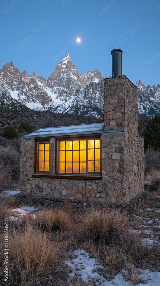 Poster a small stone cabin with a lit window sits in front of a snow-capped mountain range under a crescent