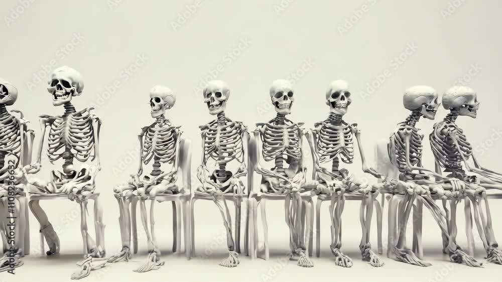 Poster group of skeletons sitting in a row. hyperrealistic video