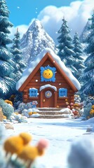 Naklejka premium A small wooden cabin with a blue door and a smiling face on the front, nestled in a snowy winter forest.