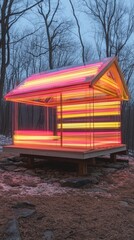 A small, illuminated, modern cabin-like structure in a snowy woodland setting.