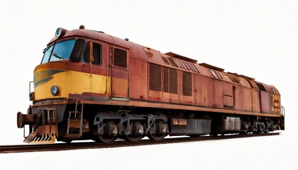 Obraz premium Old rusty diesel locomotive side view isolated on white background, industrial train engine 