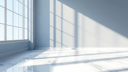 Obraz premium Minimalist 3d studio room with marble texture background empty floor and wall with product podium shadow overlay from window to countertop mockup with bright 3d and detailed. Shadowed. Illustration