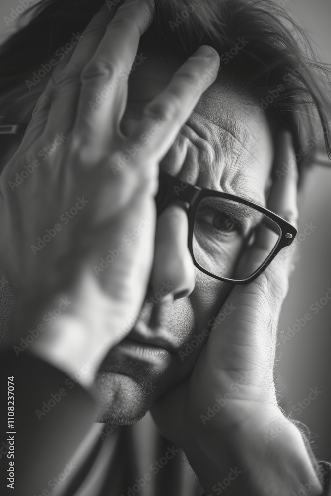 Poster man with glasses is looking down and appears to be in a state of distress