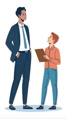 Fototapeta premium Businessman Engages With Young Manager Holding Clipboard in an Office Setting. Generative AI