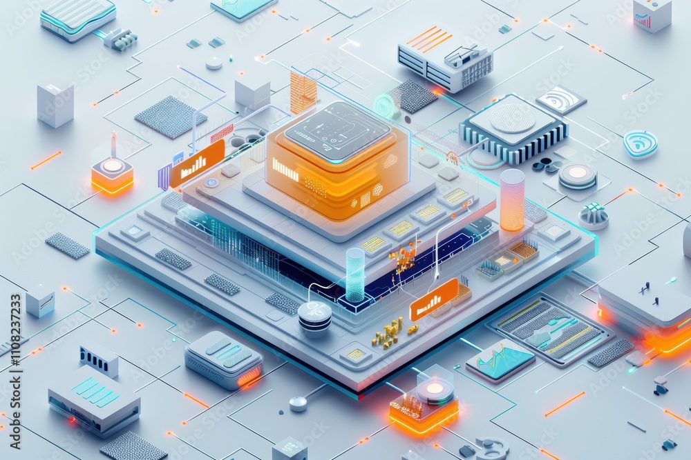 Poster futuristic digital landscape showcasing technology and data processing elements.