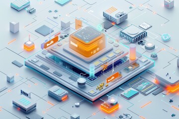 Obraz premium Futuristic digital landscape showcasing technology and data processing elements.