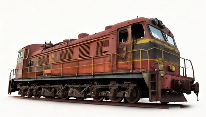 Fototapeta premium Old rusty diesel locomotive side view isolated on white background, industrial train engine 