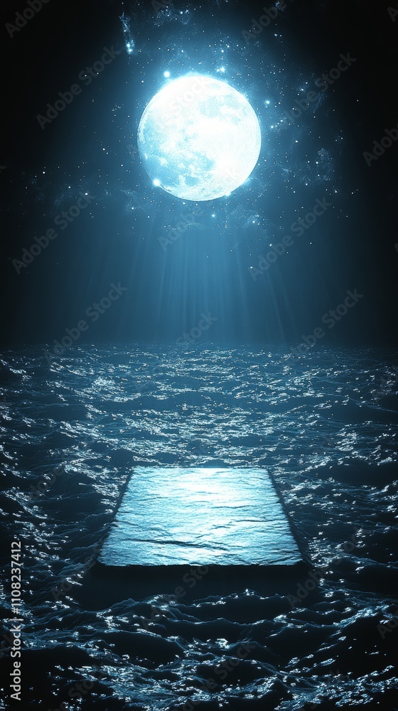 Poster a square platform sits on a dark, wavy surface, illuminated by a bright moon and rays of light.