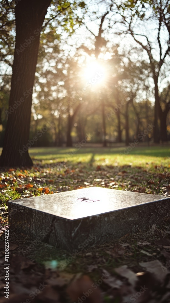 Aufkleber a square stone platform in a forest setting with sun shining through the trees.