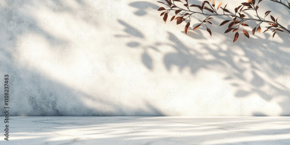 Poster white wall with a leafy tree branch casting a shadow on it