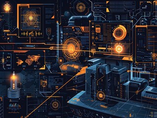 Fototapeta premium Futuristic digital interface with screens and data visualizations.