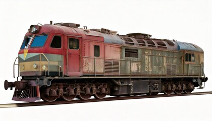Fototapeta premium Old rusty diesel locomotive side view isolated on white background, industrial train engine 