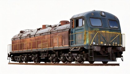 Obraz premium Old rusty diesel locomotive side view isolated on white background, industrial train engine 