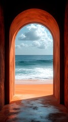 A stone archway leads to a beach and ocean view.