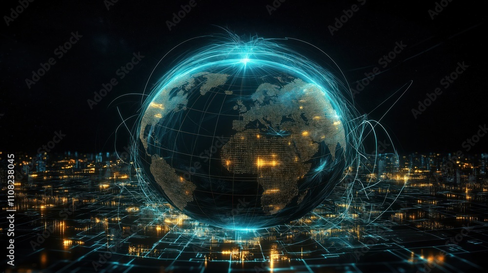 Poster Futuristic global tech scene. Digital Earth model. Global network connection. Cities lights. Advanced tech. Global communication. Future world. Cybernetic network. Advanced technology. Global design.