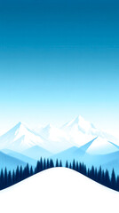 Fototapeta premium A serene winter landscape featuring snow-covered mountains and a clear blue sky, complemented by a silhouette of evergreen trees.