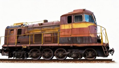 Fototapeta premium Old rusty diesel locomotive side view isolated on white background, industrial train engine 