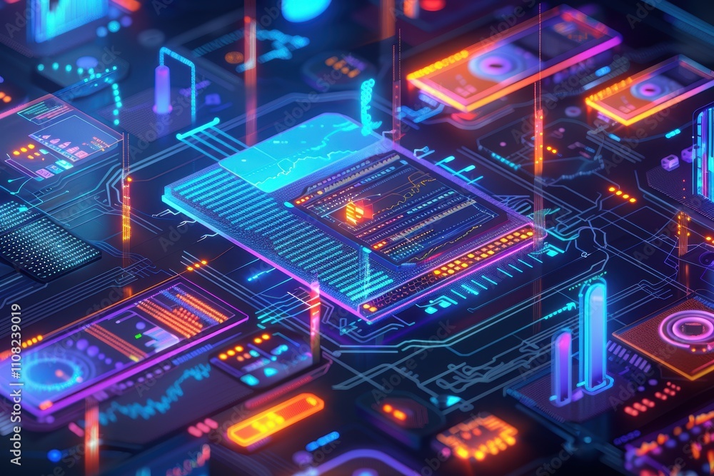 Poster futuristic digital landscape with glowing circuits and data displays.