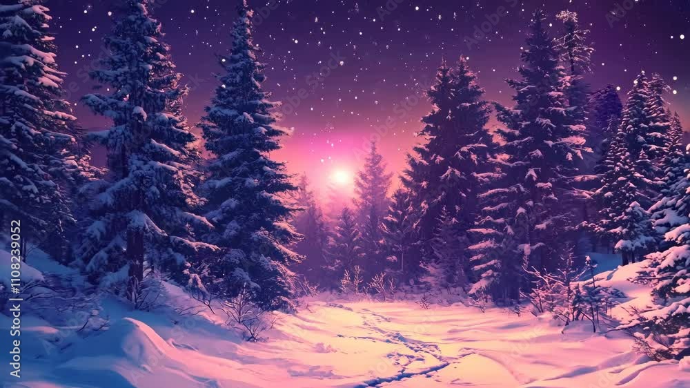 Poster snowy forest with a path through it. 4k video