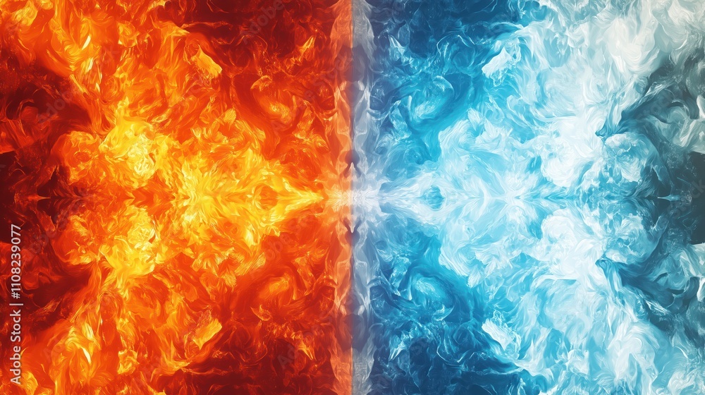 Poster abstract illustration shows fire, ice contrasting. dynamic shapes, colors create visually striking b
